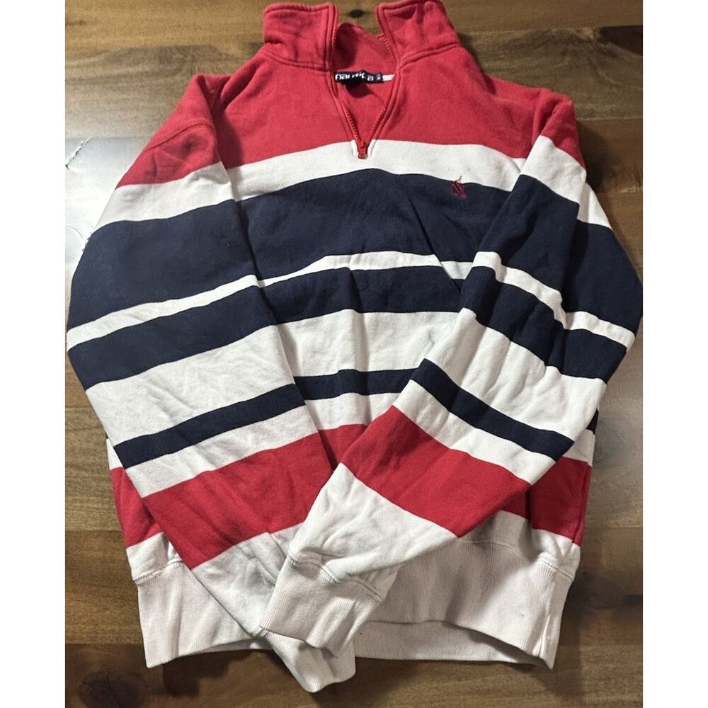 Nautica Vintage Quarter Zip Sweatshirt Red White Blue Striped Size M